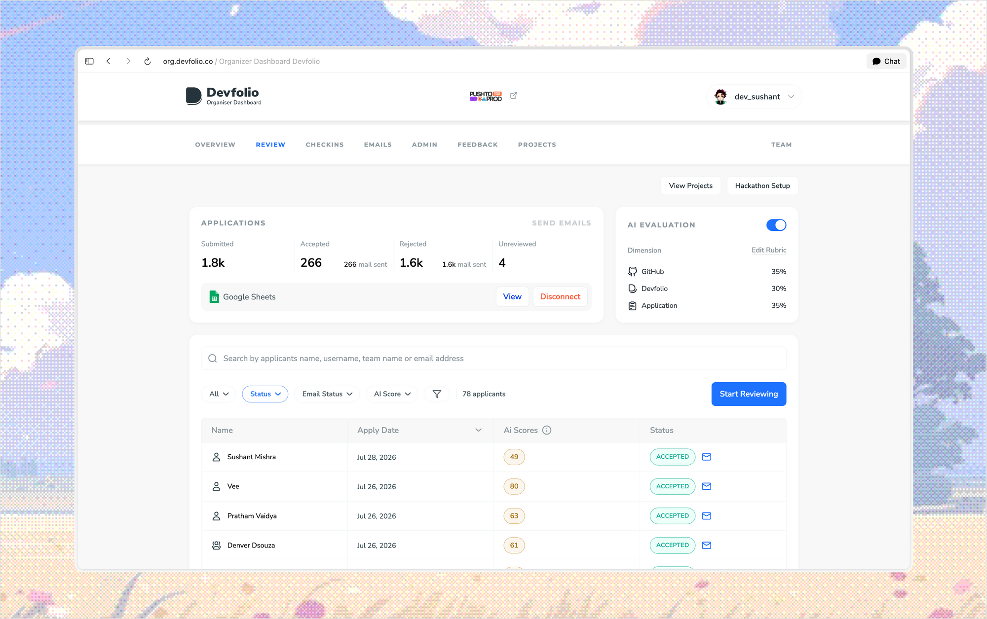 The new V2 Review tab with stats, AI Evaluation weights and the applicants table.
