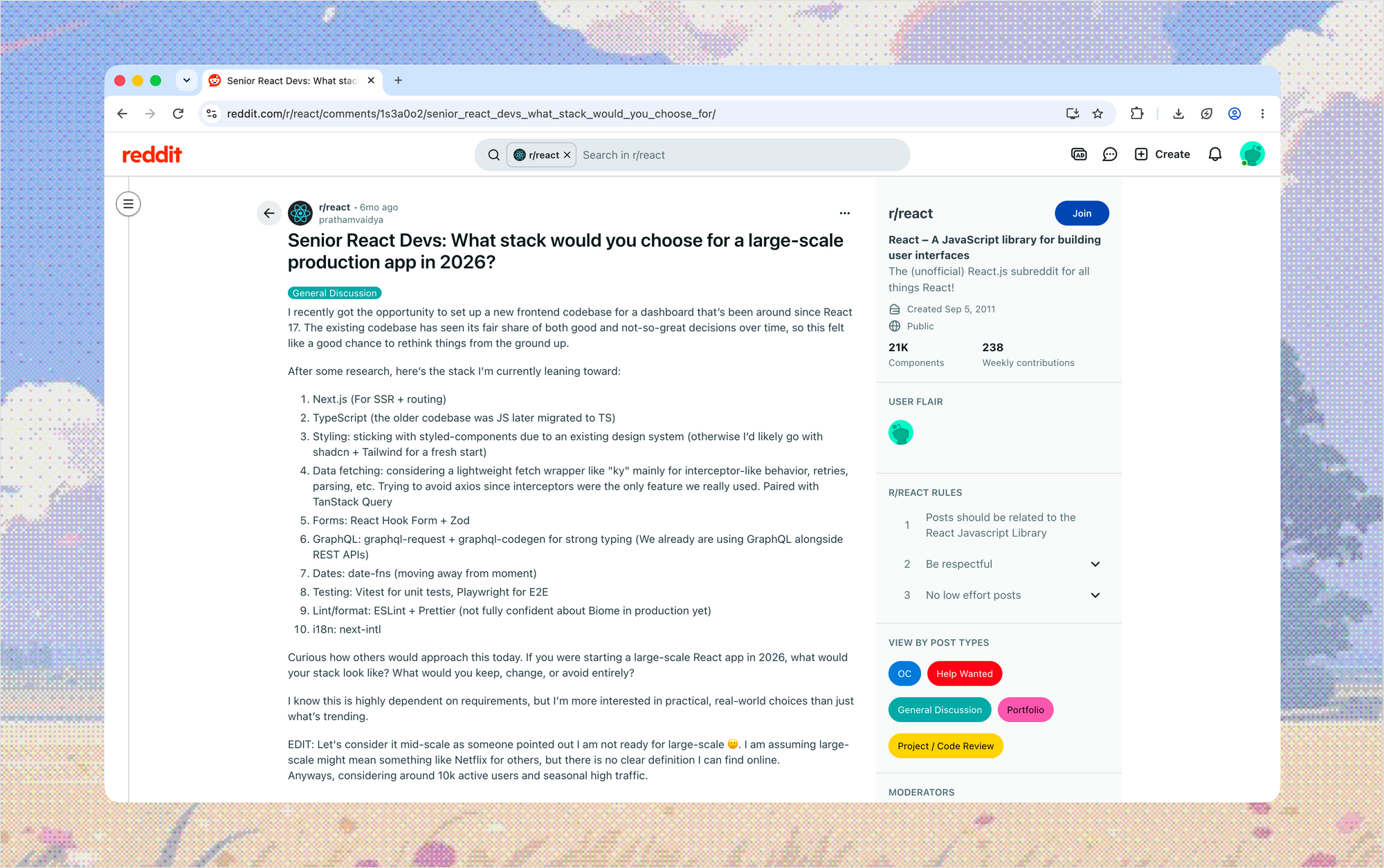 Reddit post asking what stack to choose for a large-scale React app in 2026.