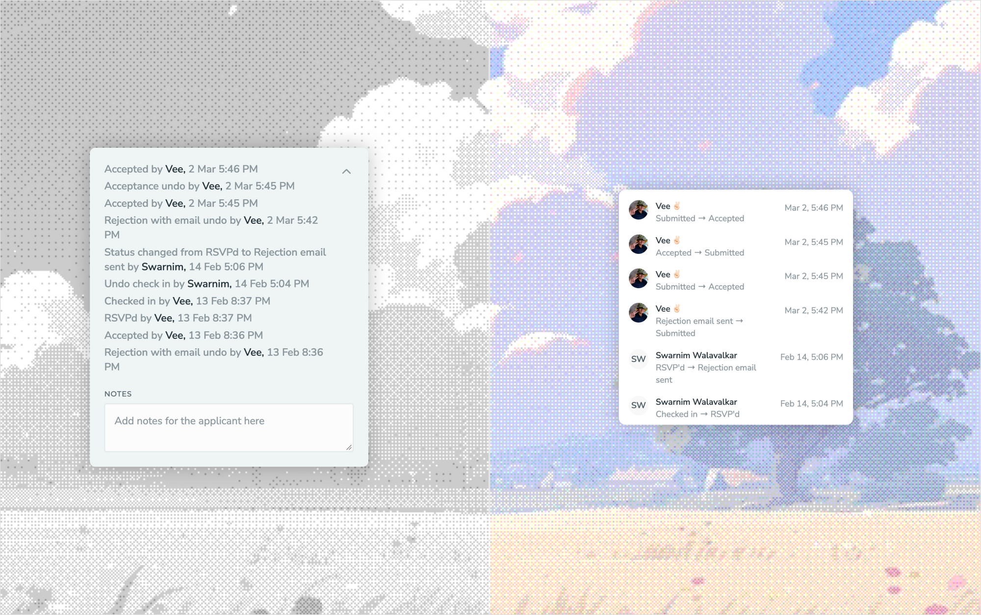 Old text log of status changes next to V2's timeline of who did what and when.