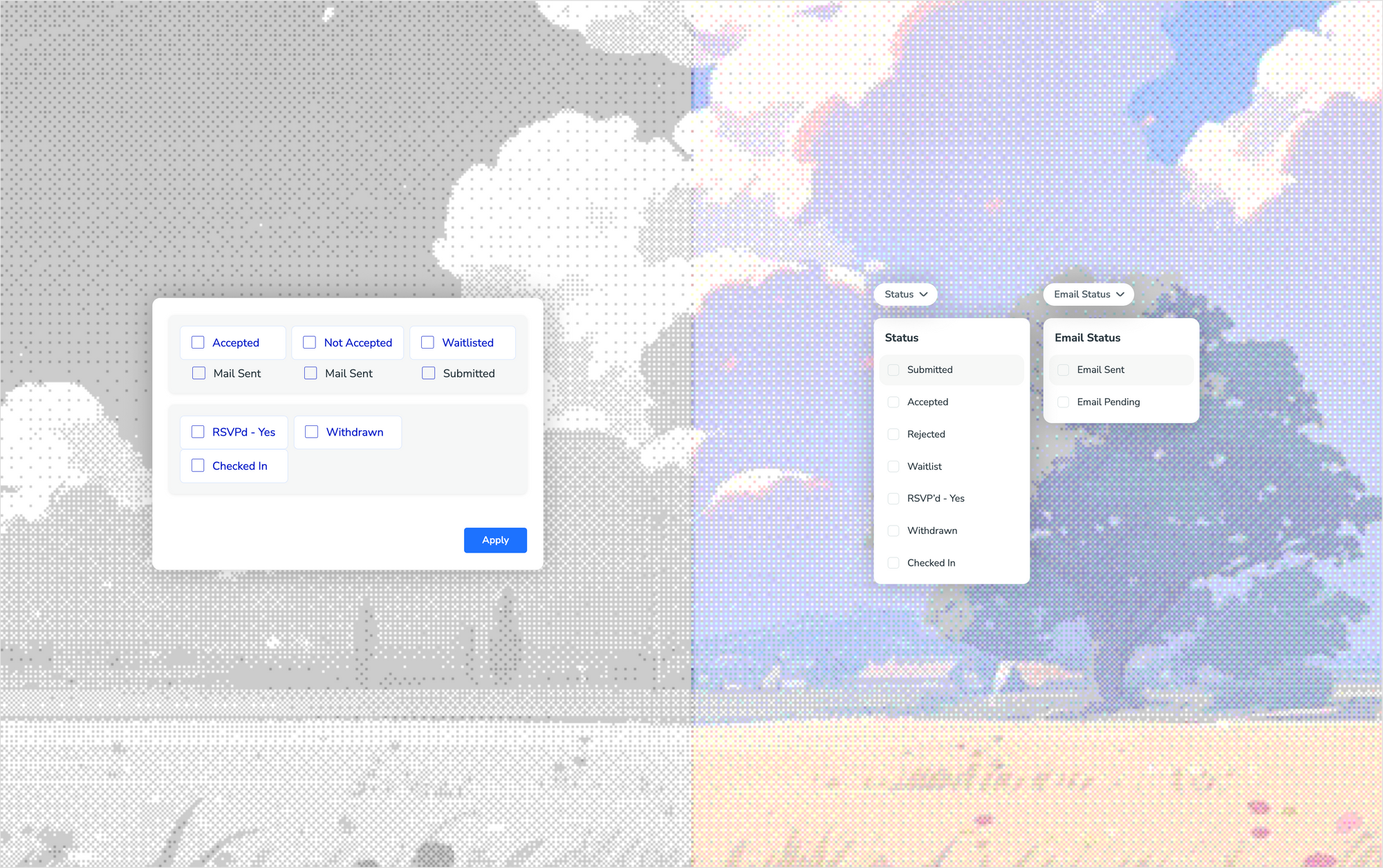 Old combined status checkboxes next to V2's separate Status and Email Status filters.