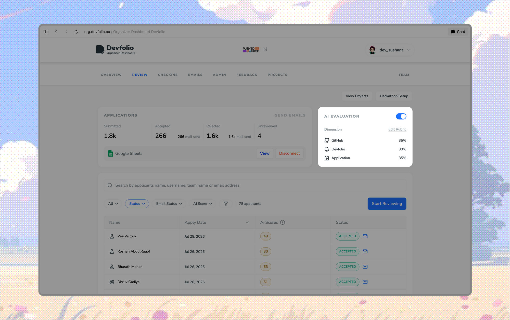 AI Evaluation card with weights for GitHub, Devfolio and the application.