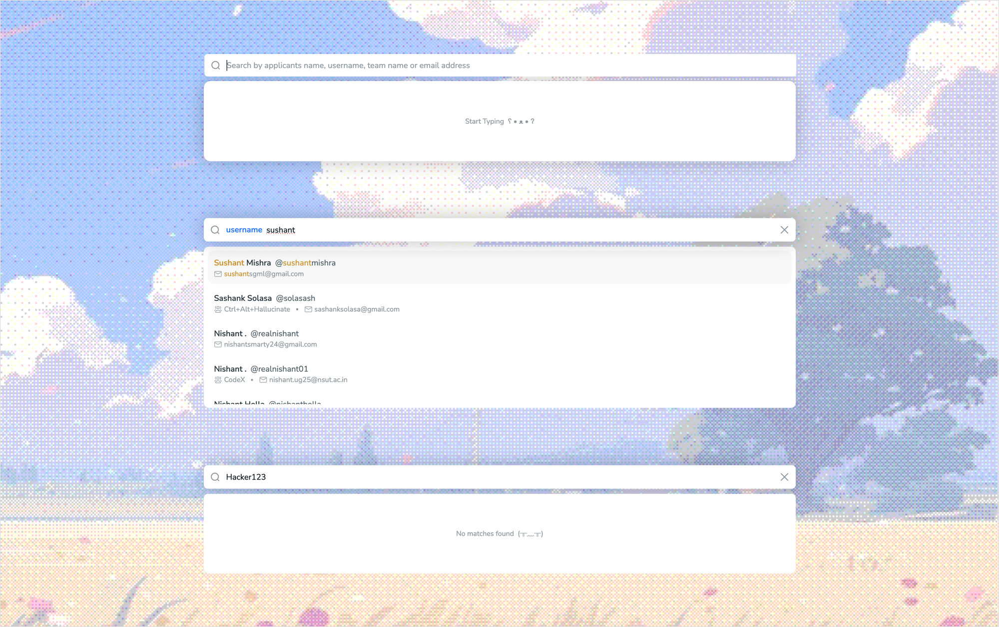 V2 search showing empty, matching and no-results states.