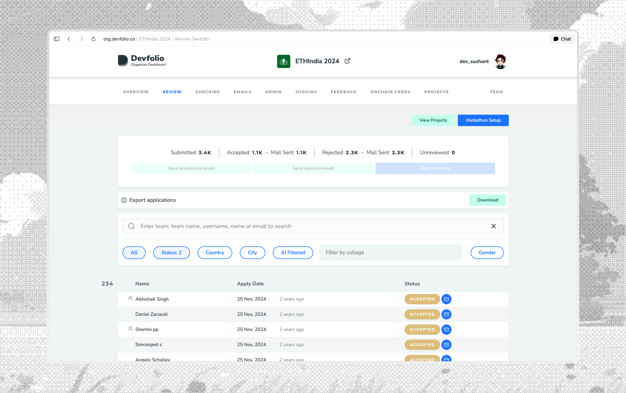 Original dashboard's Review tab with application counts, filters and a table of applicants.
