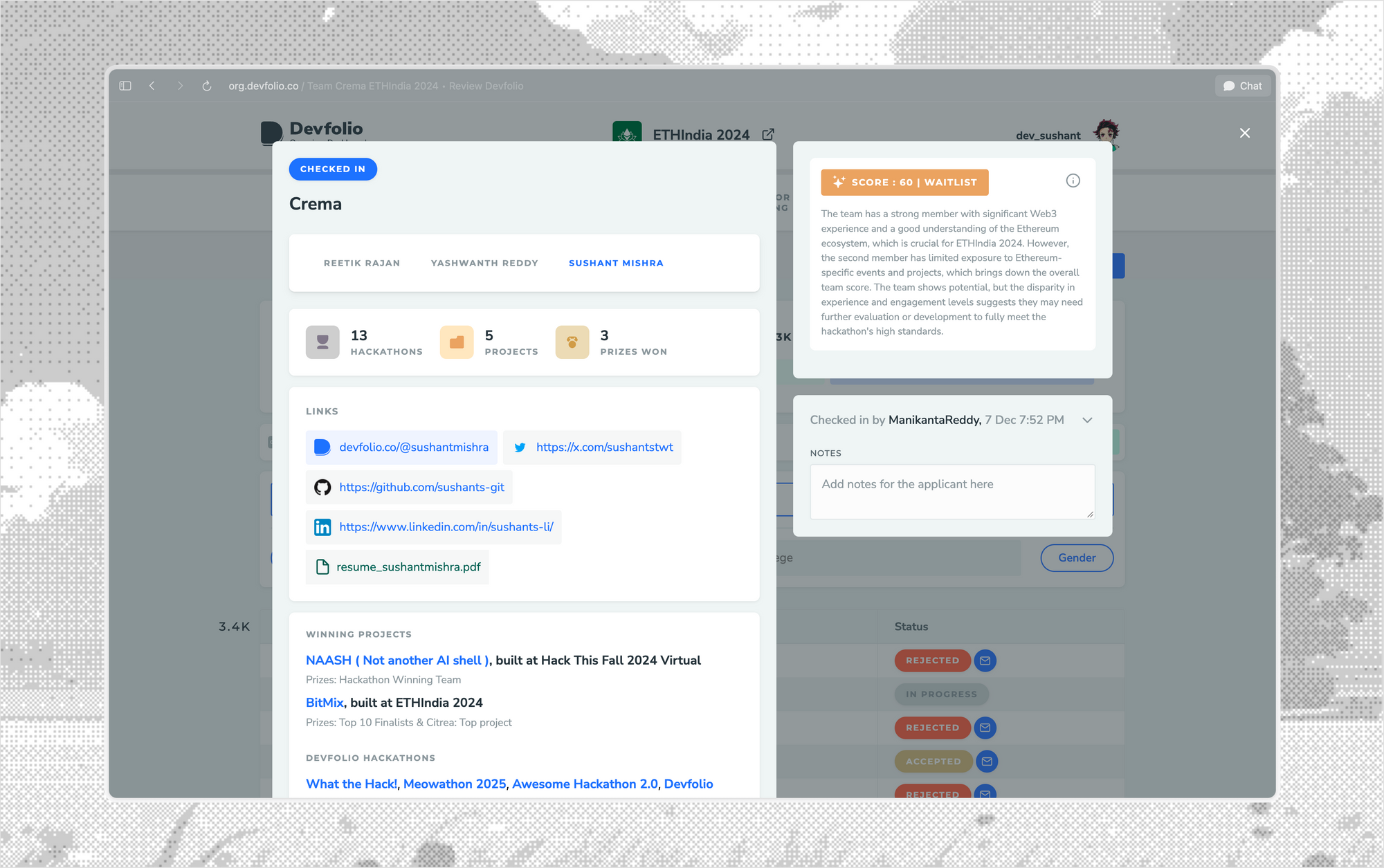 Original dashboard's applicant detail view with profile stats, links and an AI score.
