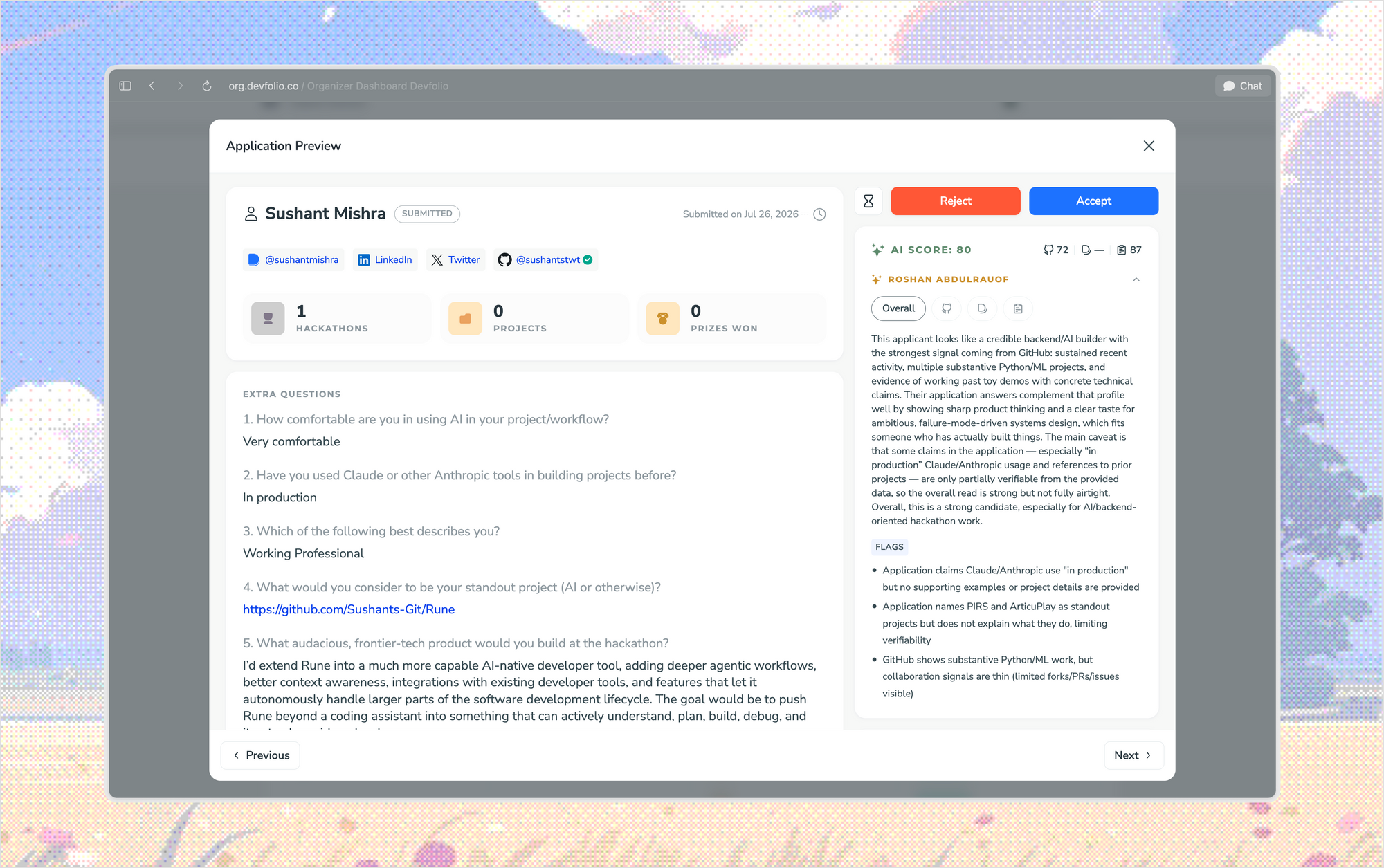 V2 application preview with the applicant's answers, AI score and Accept/Reject buttons.