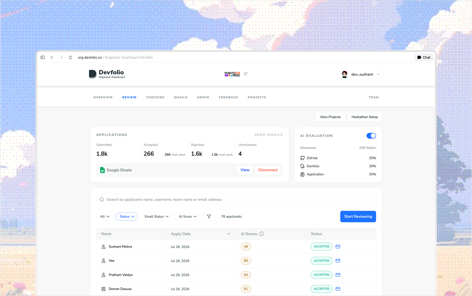 New Organizer Dashboard application review interface.
